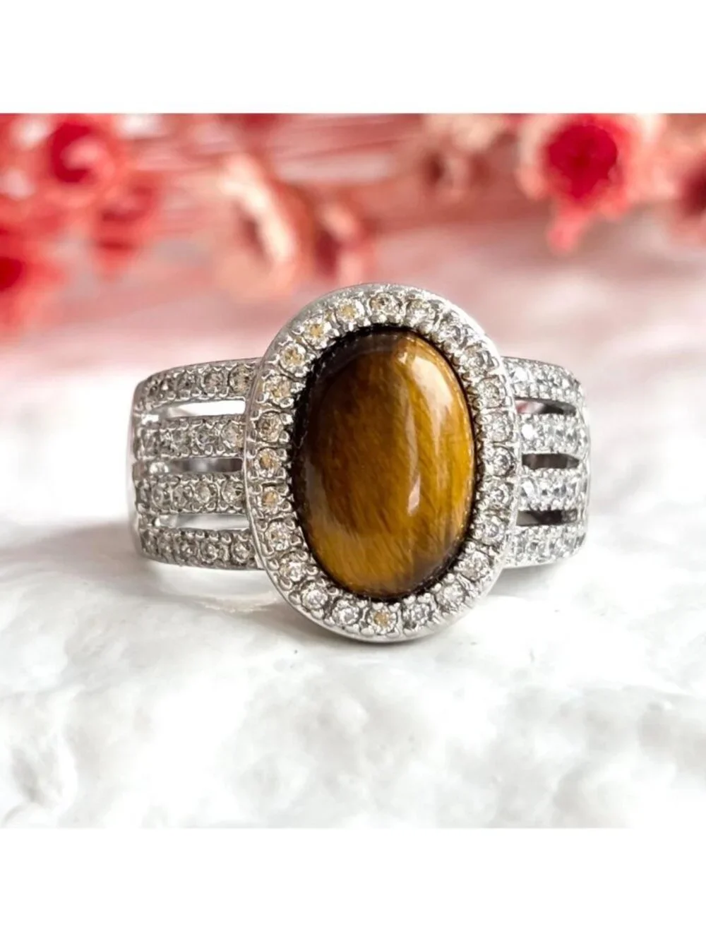 Genuine Tiger's Eye Gemstone Open Shank Sterling Silver 925 Vintage Ring - sz 8